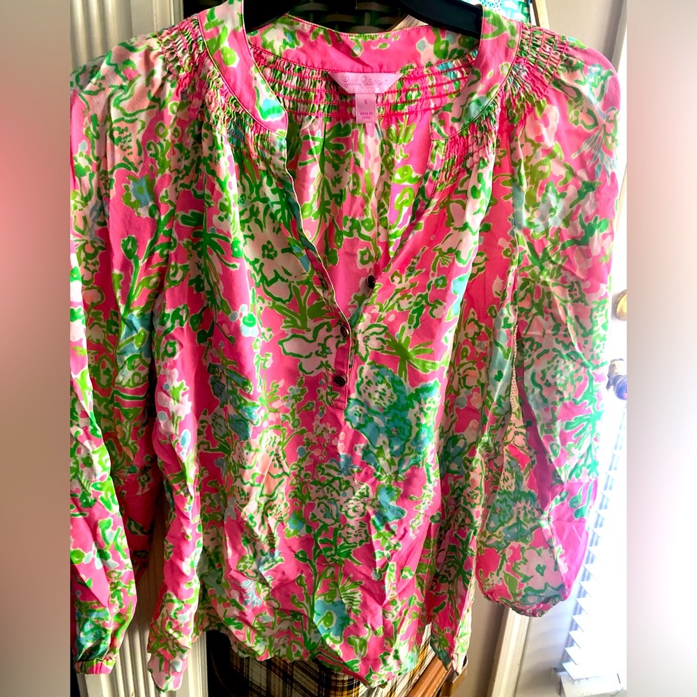 LILLY PULITZER Pink & Green SILK Blouse  Size S